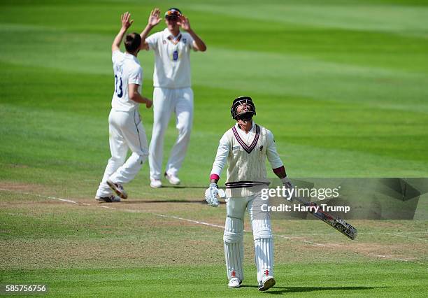 Mark Wood of Durham celebrates after dismissing Peter Trego of Somerset during Day One of the Specsavers County Championship Division One match...