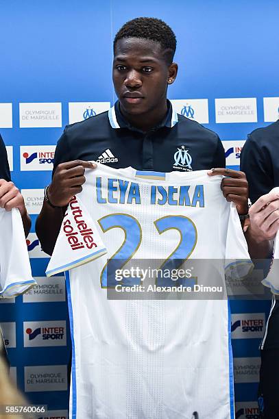 Aaron Leya Iseka of Marseille during Olympique Marseille Press Conference - French Ligue 1 at Stade Velodrome on August 4, 2016 in Marseille, France.