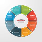 Pie chart circle infographic template with 8 options.