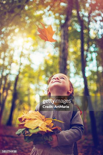 little girl in autumn park - young leafs stockfoto's en -beelden