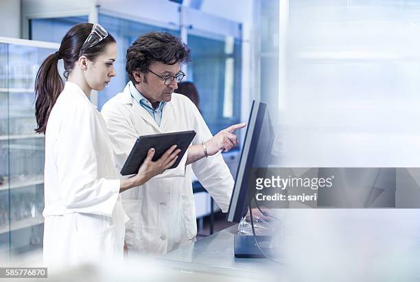 two scientist looking at the computer monitor - assistente stockfoto's en -beelden