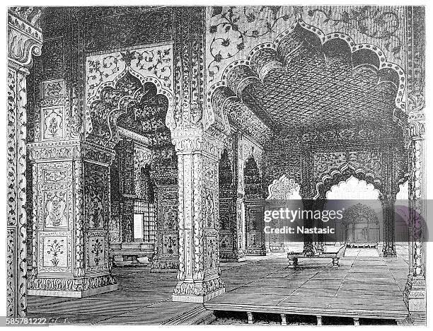 stockillustraties, clipart, cartoons en iconen met interior of a hall in the palace of the mughal kings in delhi - sandstone