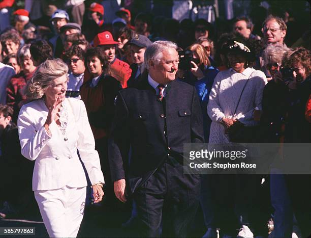 Eunice Kennedy Shriver walks with her husband R. Sargent Shriver Jr. While attending a wedding on Block Island, Rhode Island, for Edward Kennedy Jr....