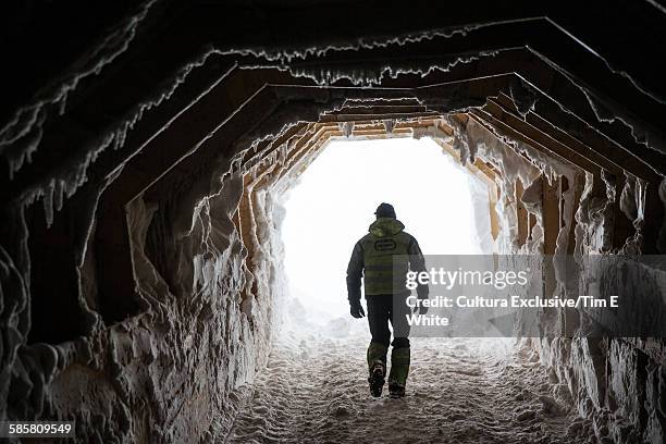 rear view of man walking in ice tunnel, langjokull glacier, iceland - langjokull stock pictures, royalty-free photos & images