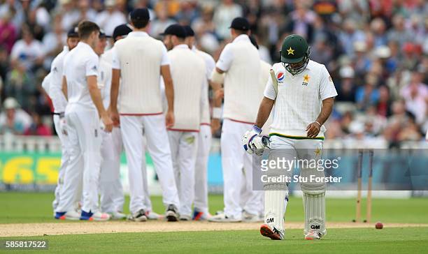 Pakistan batsman Sami Aslam reacts after being run out by his partner Azhar Ali during day two of the 3rd Investec Test Match between England and...