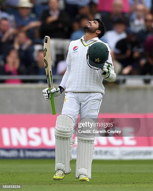 Azhar Ali of Pakistan celebrates his century during day two of the 3rd Investec Test between England and Pakistan at Edgbaston on August 4, 2016 in...