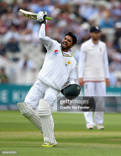 Pakistan batsman Azhar Ali celebrates his century during day two of the 3rd Investec Test Match between England and Pakistan at Edgbaston on August...