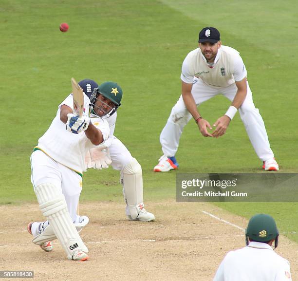 Sami Aslam of Pakistan hits the ball for six runs during day two of the 3rd Investec Test match between England and Pakistan at Edgbaston Cricket...