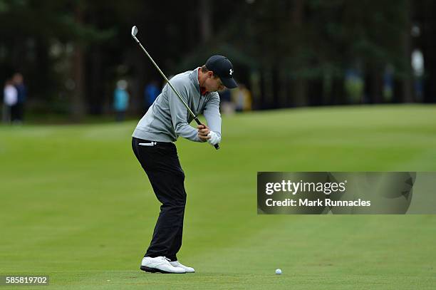 Matthew Fitzpatrick of England takes his second shot on hole 7 on day one of the Aberdeen Asset Management Paul Lawrie Matchplay at Archerfield Links...