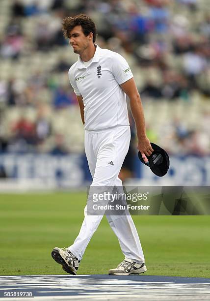 England bowler Steven Finn reacts during day two of the 3rd Investec Test Match between England and Pakistan at Edgbaston on August 4, 2016 in...