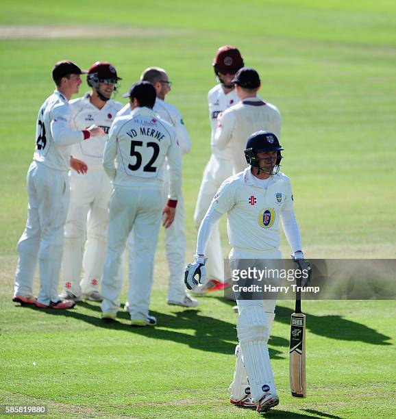 Gordon Muchall of Durham walks off after being dismissed during Day One of the Specsavers County Championship Division One match between Somerset and...