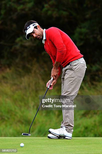 Eduardo de la Riva of Spain takes a putt on the green at hole 18 on day one of the Aberdeen Asset Management Paul Lawrie Matchplay at Archerfield...