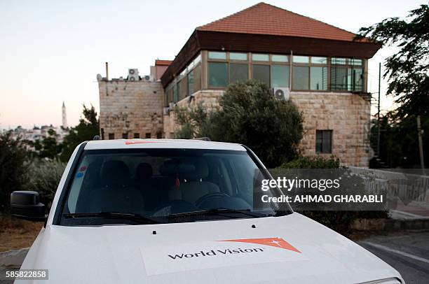 Picture taken on August 4 shows the office of the US-based Christian NGO, World Vision, in east Jerusalem. Israel charged Mohammed al-Halabi, the...