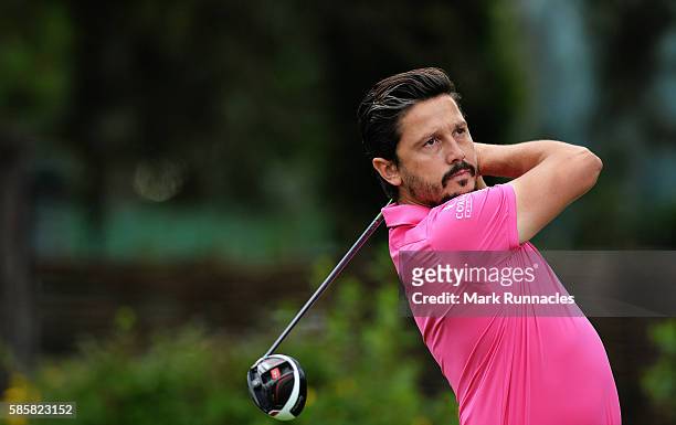 Mike Lorenzo-Vera of France takes his tee shot on the first playoff hole on day one of the Aberdeen Asset Management Paul Lawrie Matchplay at...