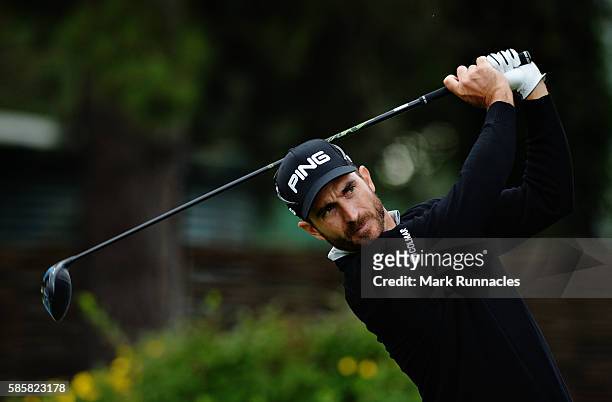 Alejandro Canizares of Spain takes his first tee shot on the first playoff hole on day one of the Aberdeen Asset Management Paul Lawrie Matchplay at...