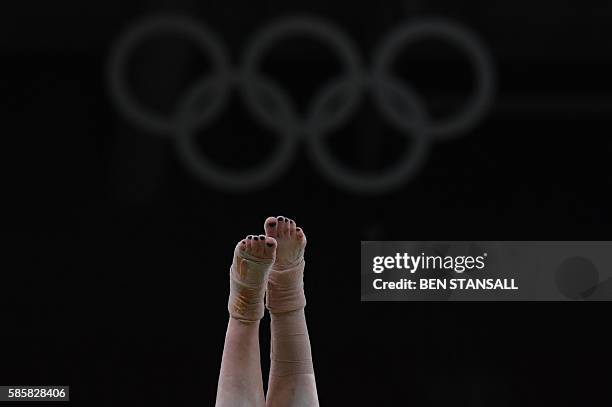 Gymnast practices on the vault of the women's Artistic gymnastics at the Olympic Arena on August 4, 2016 ahead of the Rio 2016 Olympic Games in Rio...