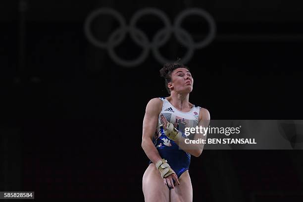 Britain's Claudia Fragapane practices on the vault at the women's Artistic gymnastics on August 4, 2016 ahead of the Rio 2016 Olympic Games in Rio de...