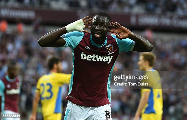 Cheikhou Kouyate of West Ham United celebrates scoring his second goal during the UEFA Europa League Qualification round match between West Ham...