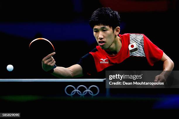 Maharu Yoshimura of Japan hits a shot in the Table Tennis practice session during the Olympics preview day - 1 at Rio Centro on August 4, 2016 in Rio...