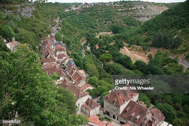 Rooftops of medieval pilgrim complex of Rocamadour devoted to the worship of Virgin Mary; Rocamadour.
