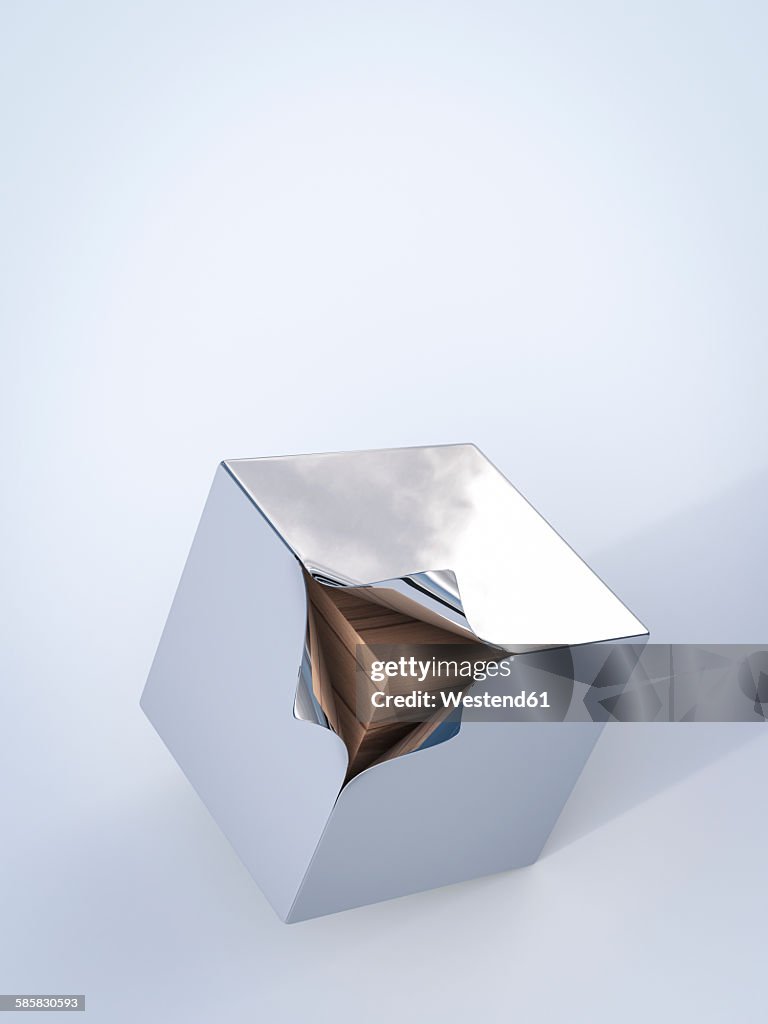 Metal cube with wooden boards inside, 3D Rendering