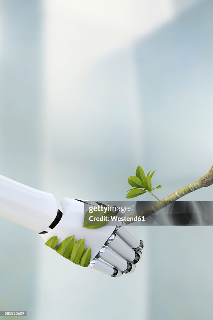 Robot hand and twig shaking hands, 3D Rendering