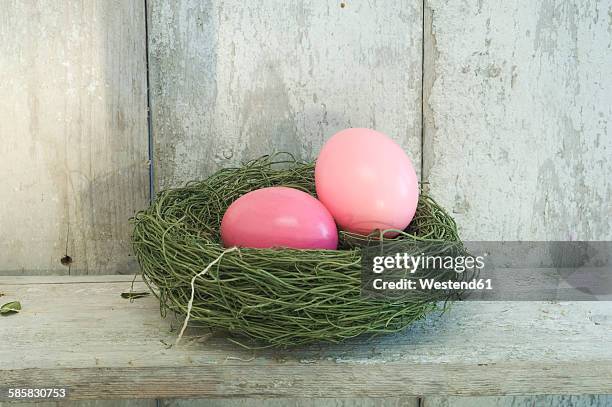 two pink easter eggs in an easter nest - easter wreath stock pictures, royalty-free photos & images