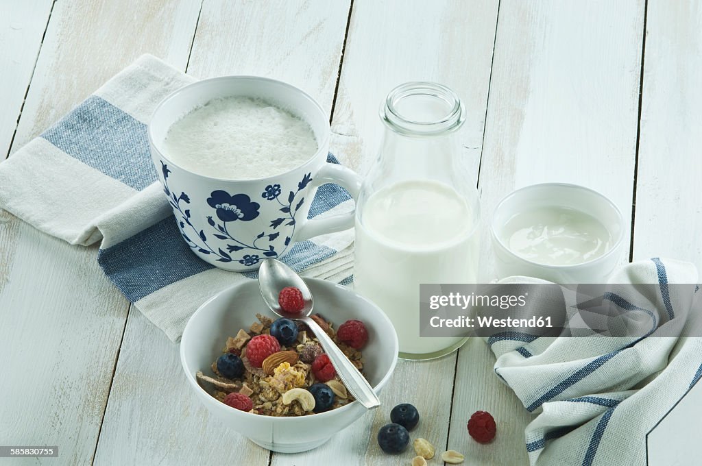 Breakfast with muesli and fruits, cappuchino and bottle of milk