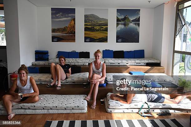 Athletes of the New Zealand team are seen in the relaxing room of the Athletes village on August 4, 2016 in Rio de Janeiro, Brazil.