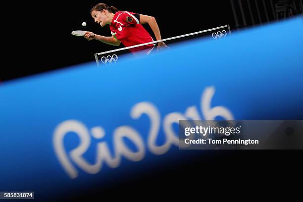 Sabine Winter of Germany practices during a training session for table tennis at Riocentro Pavilion 3 on August 4, 2016 in Rio de Janeiro, Brazil.