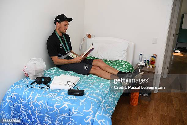 Athlete of the New Zealand team Rio 2016 Olympic games, Simon Child is seen in his room of the Athletes village on August 4, 2016 in Rio de Janeiro,...