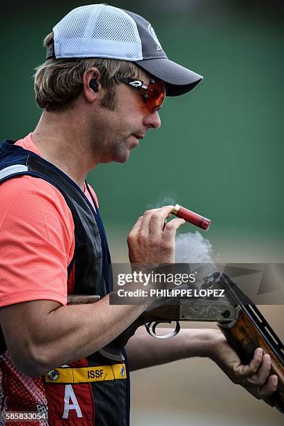 Frank Thompson of the USA trains for the skeet competition at the Olympic Shooting Centre in Rio de Janeiro on August 4 ahead of the Rio 2016 Olympic...