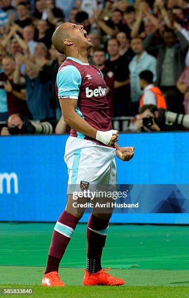 Sofiane Feghouli of West Ham United celebrates scoring during the UEFA Europa League match at London Stadium on August 4, 2016 in Stratford, England.