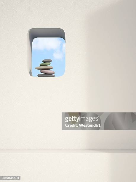 ilustrações de stock, clip art, desenhos animados e ícones de niche in a wall with balanced stack of pebbles, 3d rendering - nicho