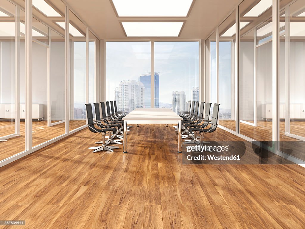 Modern conference room with parquet, 3D Rendering