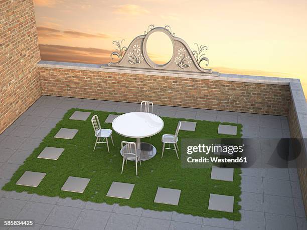 3d-illustration, empty roof terrace with chairs and table in the evening, revegetated - building terrace stock illustrations