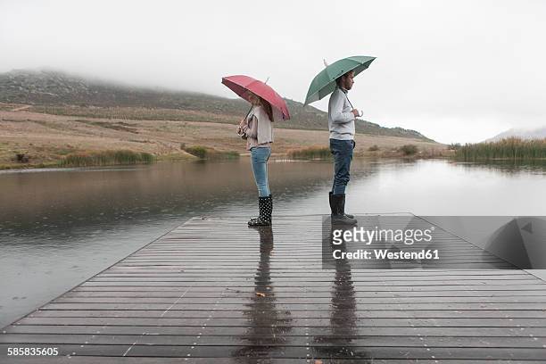 couple standing in the rain on wooden boardwalk with umbrellas - rain couple stockfoto's en -beelden
