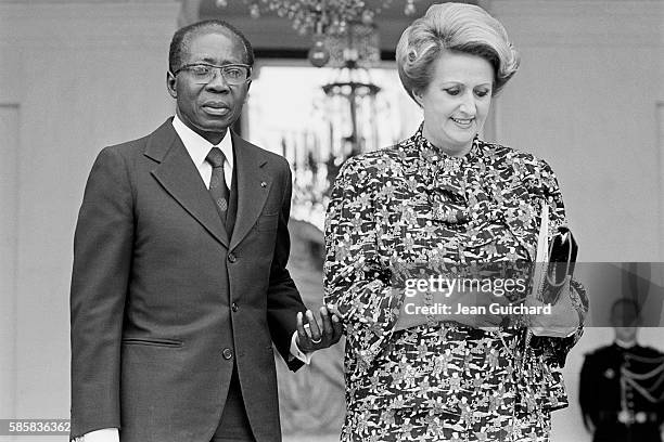Senegalese poet, politician, and cultural theorist Leopold Sedar Senghor and his wife Colette Hubert Senghor are invited at the Elysee Palace the day...
