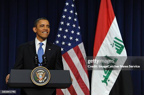 President Barack Obama and Prime Minister Nouri al-Maliki of Iraq at the White House hold a joint press conference to discuss the final troops being...