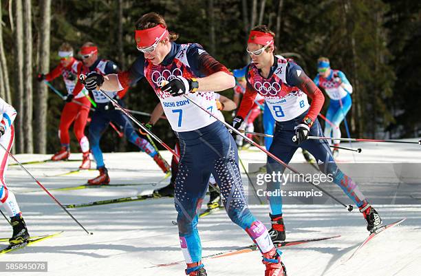 Nr. 7 VYLEGZHANIN Maxim und Nr. 8 CHERNOUSOV Ilia 50 km ski Langlauf nordic ski in Laura Cross Country Biathlon Centre olympic winter games 2014...