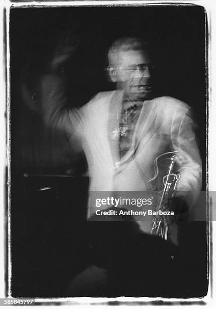 Portrait of American jazz musician Dizzy Gillespie performs onstage at the Blue Note nightclub, New York, New York, 1988.