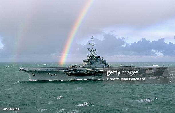 Former aircraft carrier Foch, re-named Sao Paulo, leaves Brest during a storm in the Iroise sea.