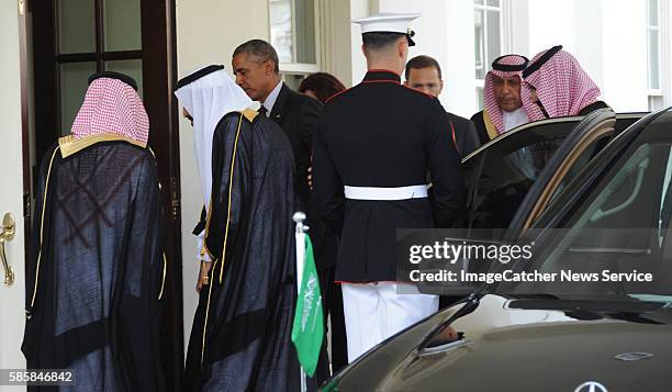 The White House- Washington DC President Barack Obama greets King Salman bin Abd alAziz of Saudi Arabia at the West Wing entrance of the White House...