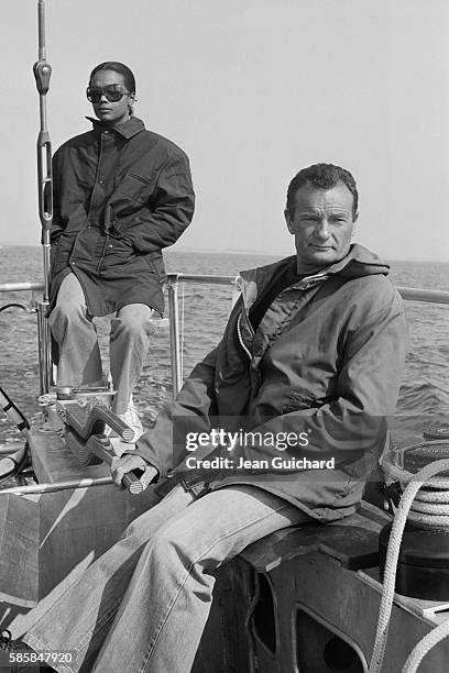 French sailor Eric Tabarly and his wife Jacqueline aboard the boat Paul Ricard before the Trinite sur Mer Multihull trophy boat race.