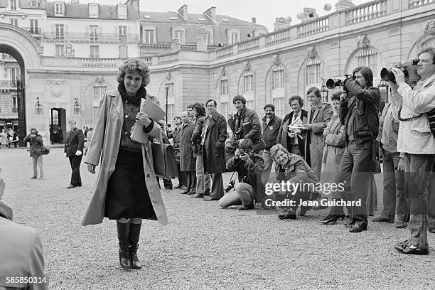 French writer and Minister for Trade Edith Cresson arrives at the first Council of Ministers of the government of Prime Minister Pierre Mauroy .