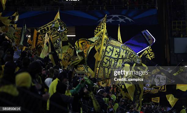 Fahnen Zuschauer Borussia Dortmund Fans Südtribüne Stadion Fußball Uefa Championsleague Viertelfinale Rückspiel : Borussia Dortmund - Real Madrid 2:0