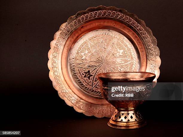 engraved copper plate & bowl of kashmir - copper art india stock pictures, royalty-free photos & images