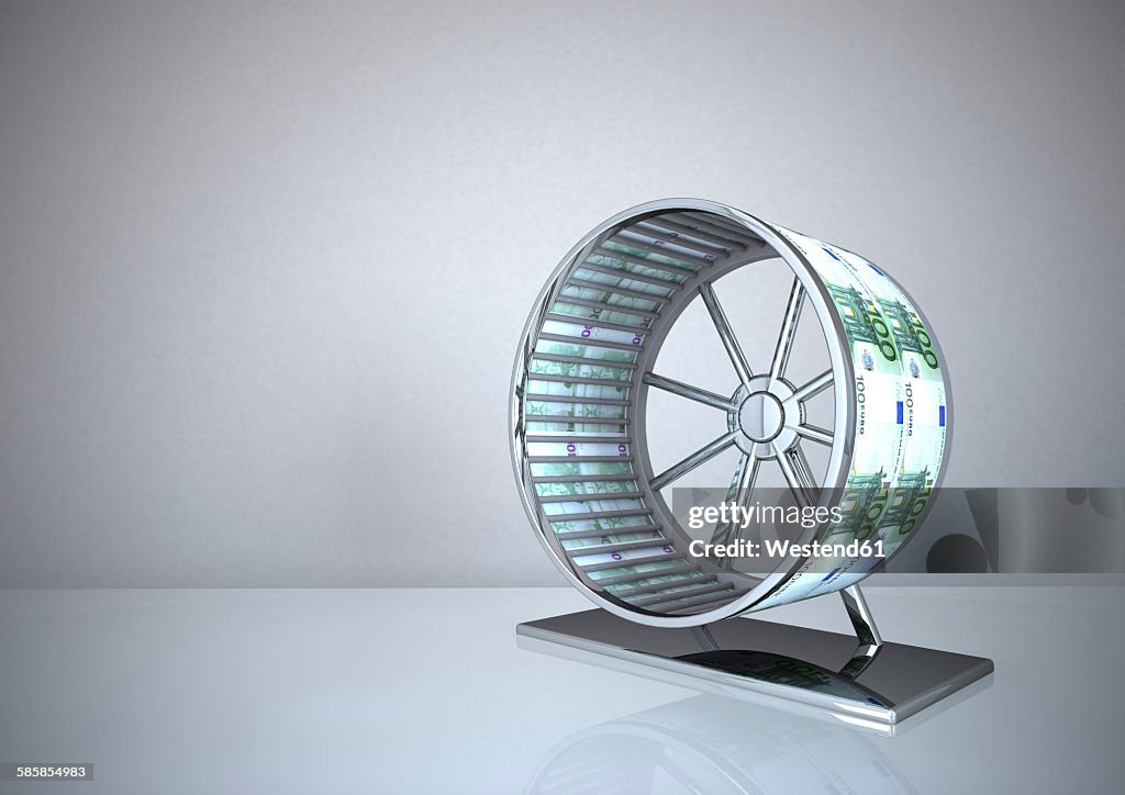 Hamster wheel with Euro notes, 3d illustration
