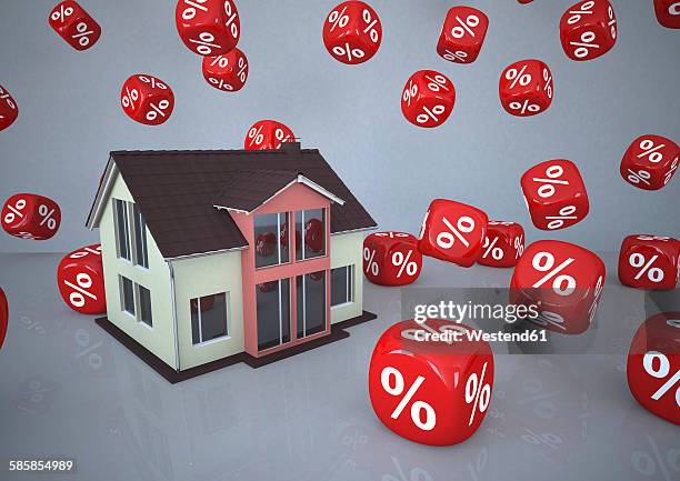 illustrazioni stock, clip art, cartoni animati e icone di tendenza di residential house surrounded by percentage sign cubes, 3d illustration - surrounding