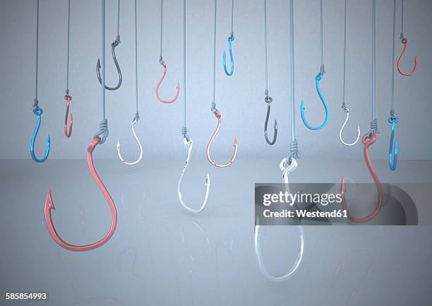 bildbanksillustrationer, clip art samt tecknat material och ikoner med muticolored fish hooks dangling, 3d illustration - krok